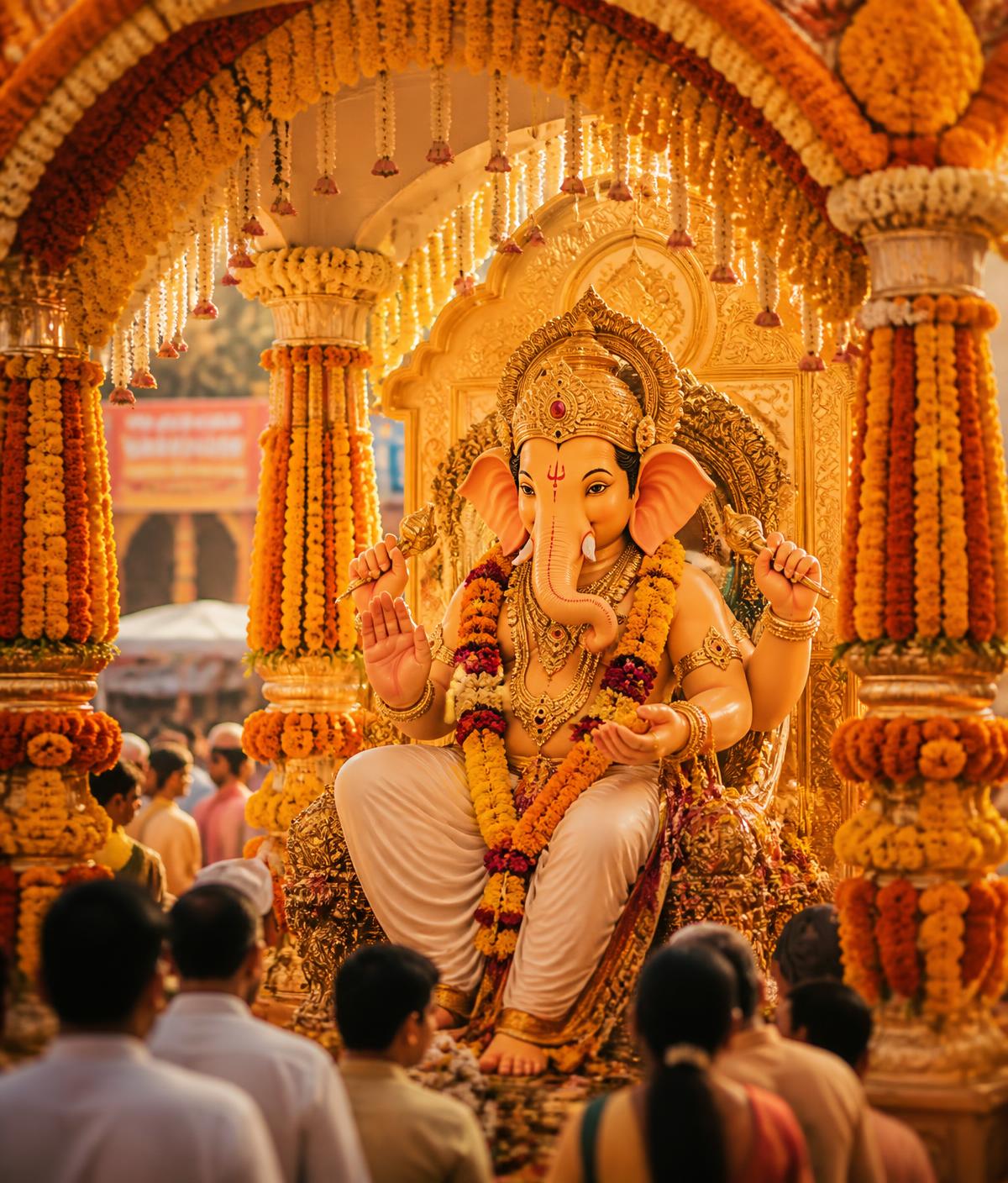 Decorated Ganpati idol under a marigold archway at a Nagpur pandal